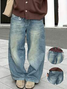 Women Blue Straight Leg Jeans Casual Washed Loose Jeans Y2K Vacation Elegant Vintage Street,Fall Winter - Blue - View 1