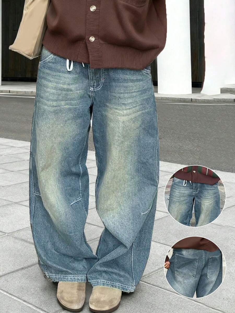 Women Blue Straight Leg Jeans Casual Washed Loose Jeans Y2K Vacation Elegant Vintage Street,Fall Winter - Blue - View 1