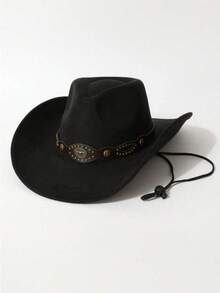 Vintage Suede Cowboy Hat, Unisex, Western Style Wide Brim Rider Hat, With Bronze Long Horn Buckle Strap, Adjustable Windproof Felt Cowboy Hat, Suitable For Horse Riding Festival, Beach Travel And Sun Protection - Suede Eye Gold Bull Head Hat - View 5