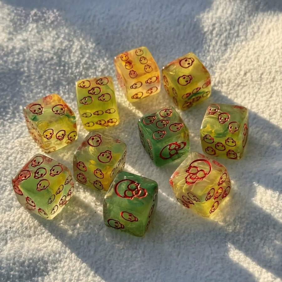 10pcs/Set Colorful Transparent Dice With Skull Pattern, Suitable For Tabletop Games, Shiny Resin Gift, Role-Playing Enhancement Equipment