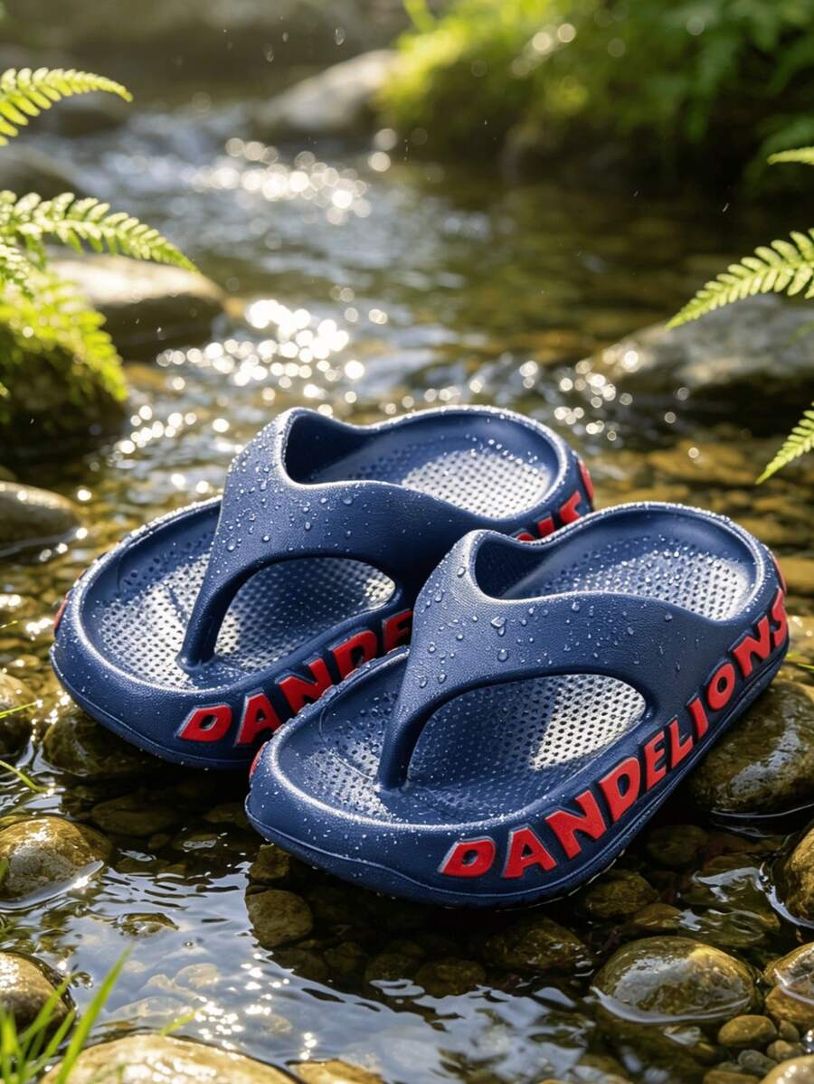 HAHABOBO Sandal Jepit Anak-Anak Model One-Piece dari EVA, Sandal Sol Tebal dengan Dekorasi Huruf 3D di Samping, Cocok untuk Pemakaian Sehari-hari di Pantai, Berkemah, dan Musim Panas - Navy Blue - View 1