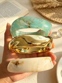 3/1pc Elegant Minimalist Vintage Style Multicolor Resin Marbled And Gold CCB Asymmetrical Bangle Bracelet, Suitable For Women's Daily, Vacation, Party Wear And Gifting - Multicolor - View 2