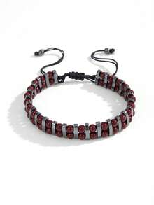 1pc Men's Double Layer Lava & Hematite Beaded Bracelet Adjustable Drawstring Vintage Casual Wrist Jewelry Gift For Men - Multicolor - View 9