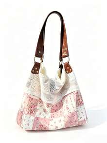 Nicekee Sweet Retro Artistic Style Atmosphere, Personalized Floral Tote Bag, Lace Patchwork Design, Fashionable And Versatile Texture Shoulder Bag - Multicolor - View 4