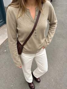 GIGOGOU Autumn Winter Basic Women Henley Neck Button Front Knit Sweater Long Sleeve Casual Solid Basic Pullover Top For Daily Wear - Khaki - View 5