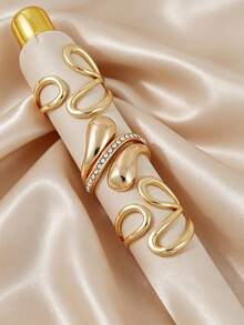 3pcs Fashionable Rhinestone Geometric Ring Set, Adjustable For Women Daily Wear, Dating, Party, Gathering, Layering - Yellow Gold - View 4