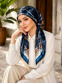 1pc Pre-Sewn Lined Elastic Headscarf, Women's Printed Satin Ready-To-Wear Hijab Cap, Muslim Prayer Headscarf, Non-Slip Elastic Headwrap - Navy - View 4