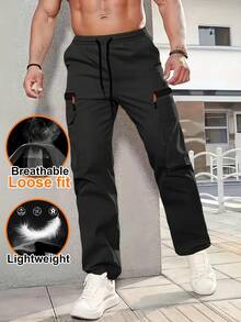 Men's Outdoor Multi-Pocket Cargo Pants, Featuring Drawstring Waist Design, Multi-Pocket Design Provides Ample Storage Space Sports Black - Black - View 2