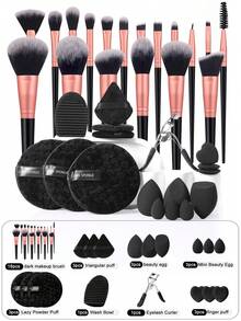 1/3/18/35Pcs Complete Black Makeup Accessory Set,18 Multi-Function Face & Eye Brushes,Eyelash Curler,Brush Cleaner Pad,Round&Triangle Velvet Puffs,Large&Mini Teardrop,Heart Finger Concealer Puffs,Soft Reusable Blending Tools For Daily Facial Makeup - Black - View 15