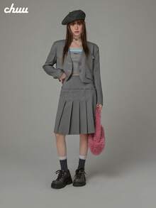 Chuu 1 pieza Chaqueta Blazer de tela tejida con patchwork de unicolor, Primavera/Otoño - Gris - Ver 5
