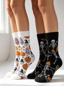 1/2 Pairs Halloween Mid-Calf Socks, White Pumpkin Wizard & Black Dancing Skeleton Print Casual Socks, Unisex - Multicolor - View 4