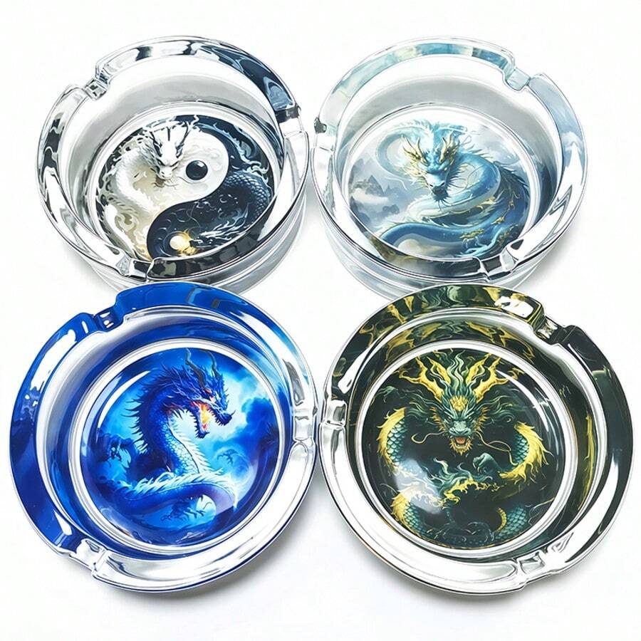 時尚創意龍紋玻璃菸灰缸 3.34 吋圓形卡通主題菸灰缸裝飾品 家居裝飾 適合送給朋友的禮物 - 彩色的 - 查看 1