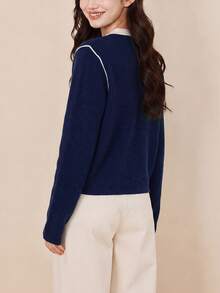 Women's Autumn/Winter Casual Minimalist Contrast Trim Design Colorful Button Knit Cardigan Jacket Sweater - Navy Blue - View 3
