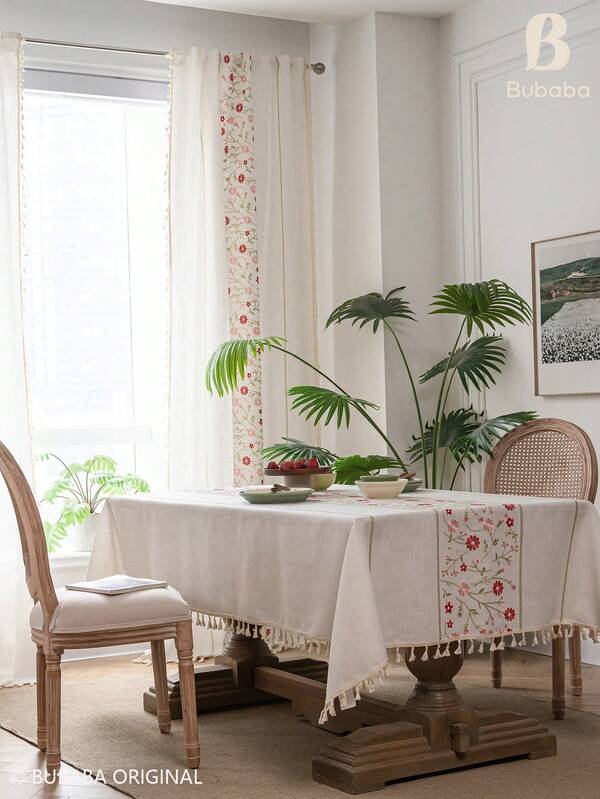 Embroidered Floral Tablecloth With Tassel Fringe, Rustic Farmhouse Linen-Look Rectangular Dining Table Cover For Kitchen, Dining Room And Everyday Home Decor