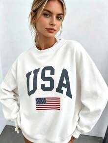 Retro College Graphic USA Sweatshirt Faded Vintage Style Aesthetic American Flag Crew Neck 4th Of July Retro Style USA Crew Neck Unisex Sweatshirt - White - View 2