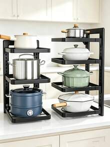 Adjustable Pot Rack Organizer, Multi-Tier Metal Pan Storage Holder For Kitchen Counter & Cabinet, Space-Saving Detachable Cookware Shelf With Height Adjustable Layers, Black Heavy Duty Kitchen Storage Rack For Frying Pans, Stockpots, Dutch Ovens - View 3