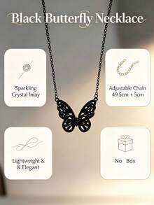 1pc Black Enamel Butterfly Pendant Necklace, Delicate Black Chain, Suitable For Commute, Party And Various Occasions - Black - View 5