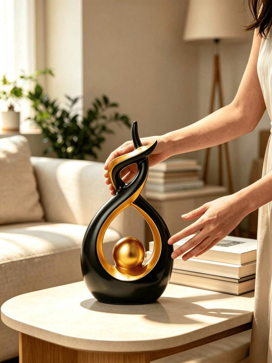 1件現代抽象黑金樹脂雕塑，鏤空桌面裝飾品，極簡藝術雕像，奢華家居裝飾飾品，適用於咖啡桌、臥室、辦公桌，理想的喬遷禮物