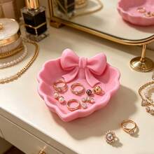 1pc Heart-Shaped Jewelry Tray With Bow Design, Pink Bow Style, Durable Plastic Material, Suitable For Storing Jewelry, Rings And More, Perfect For Vanity, Desk, Bedside Table, Desktop Decoration - Multicolor - View 6