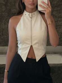 Women's Casual Retro Versatile Fashion Commuter Sleeveless Solid Color Zipper Top Summer - Apricot - View 1