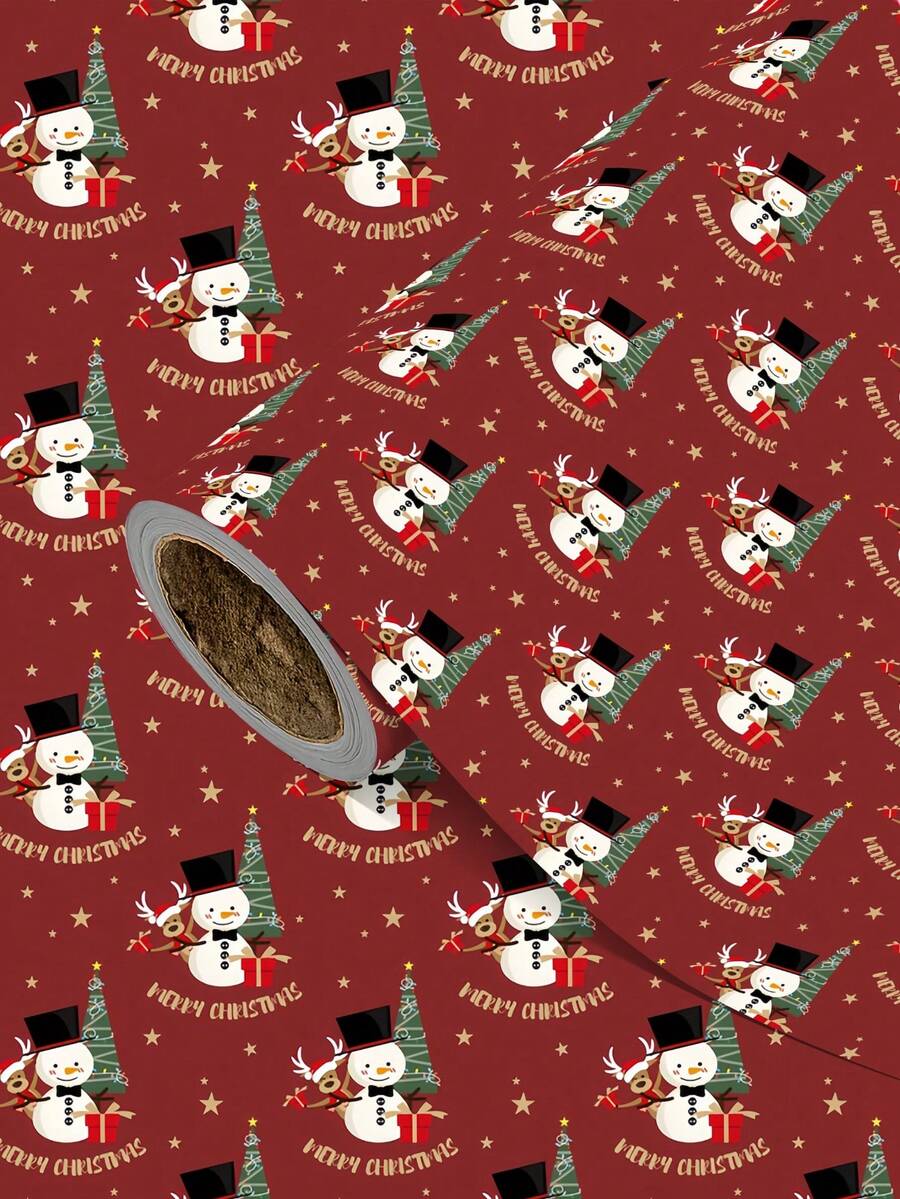 1 Roll Of Christmas Gift Wrapping Paper Featuring Snowman And Christmas Tree Pattern;Perfect For Wrapping Christmas Gifts, Decorating For Christmas Parties, And Holiday Gift-Giving.1 Roll Size: 43 Cm X 300 Cm. - A - View 1