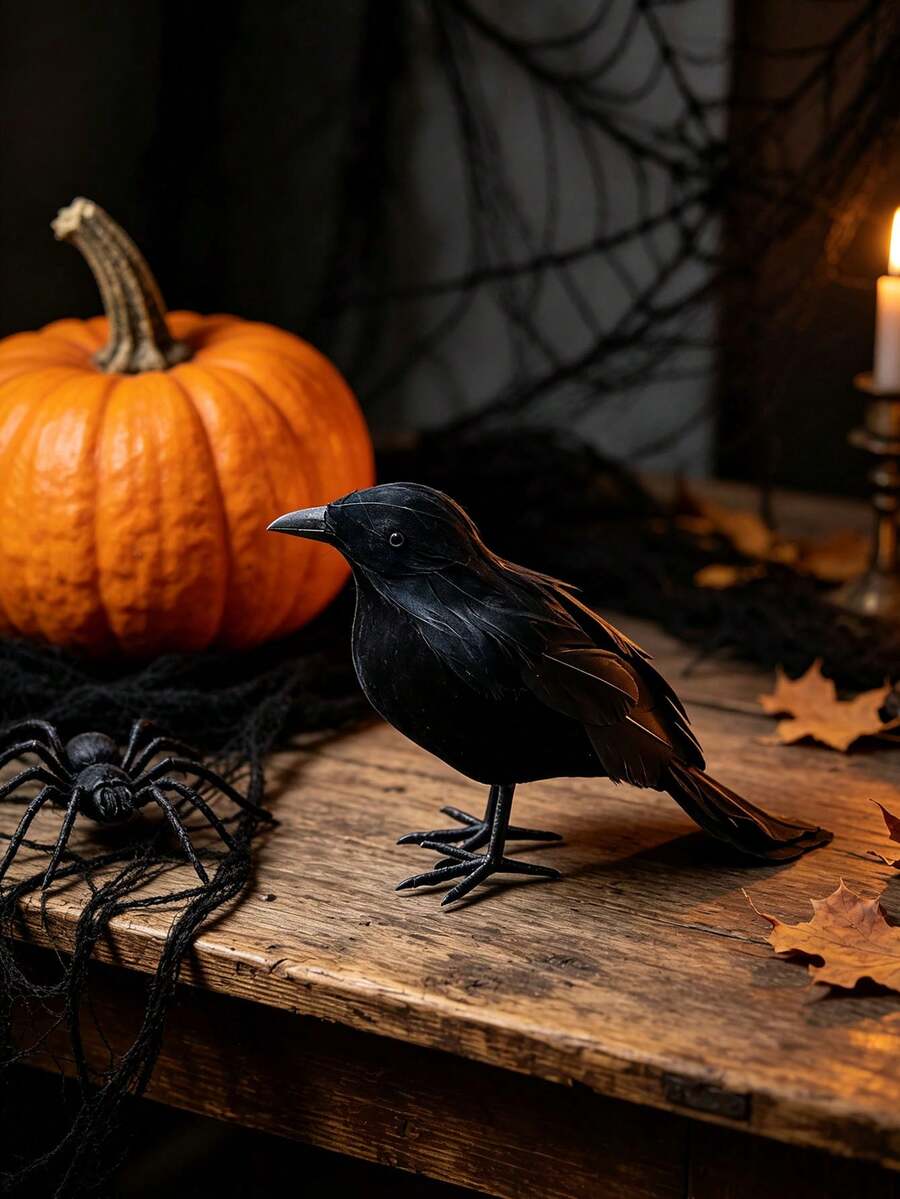 1/3/12pcs Artificial Feather Black Crow Decor, Realistic Simulation Raven Bird Ornament, Halloween Scary Party Prop For Home Garden Scene Decoration