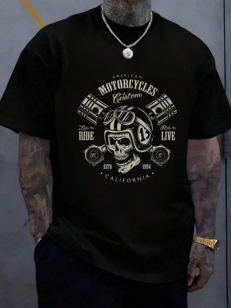 American Motorcycles Custom Skull Graphic T-Shirt 100% Cotton 180 G/M² Crew Neck Breathable Regular Fit Summer Motorcycle Riding Festival - 黑色 - 查看 1