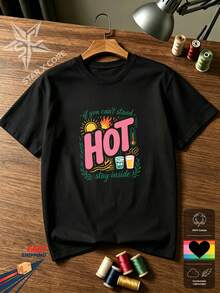 Hot Summer Mood Bold Lettering & Drinks, Fun Summer Style, Organic Cotton Short Sleeve Tee, Women - 黑色 - 查看 2