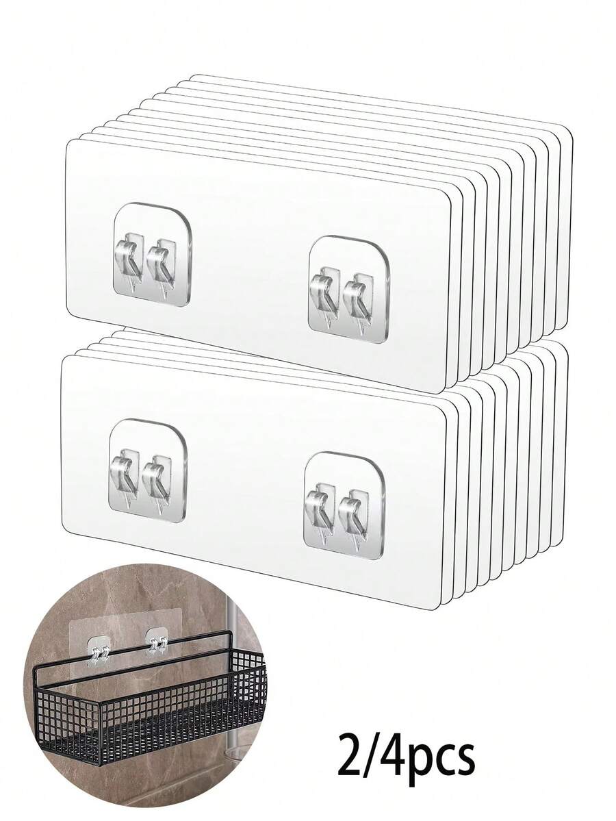 2/4pcs Shower Caddy Hooks Replacement Pack, Strong Adhesive Shower Hooks, Waterproof Wall Hooks, Suitable For Bathroom Shower Caddy, Storage Basket, Soap Dish, No Drilling Required, Back To School Essential - Transparent - View 1