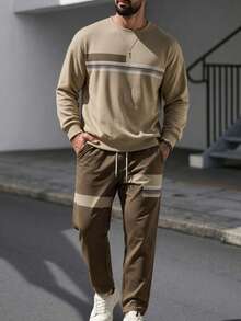 Men's Fashionable Versatile Graphic & Letter Print Crew Neck Sweatshirt And Pants Set, Autumn/Winter - Multicolor - View 4