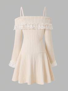 Autumn/Winter Girls' Fashion Elegant Spaghetti Strap Contrast Lace Dress - Apricot - View 2