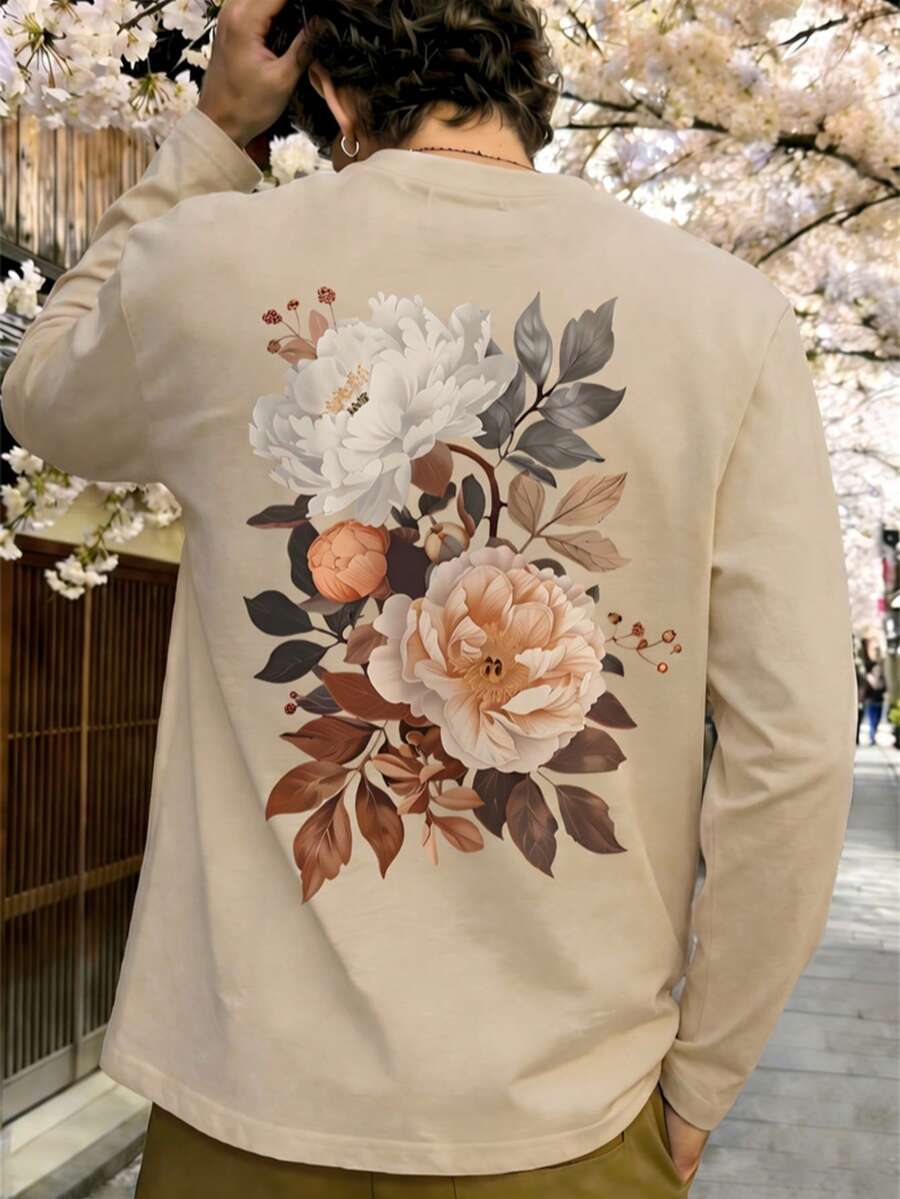 Morandi Oversized Peony Long Sleeve Top, Elegant Floral Branch Men's Spring/Autumn Versatile Long Sleeve T-Shirt - Apricot - View 1