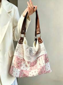 Nicekee Sweet Retro Artistic Style Atmosphere, Personalized Floral Tote Bag, Lace Patchwork Design, Fashionable And Versatile Texture Shoulder Bag - Multicolor - View 7