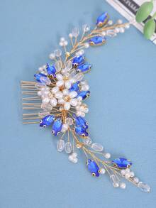 1pc Vintage Elegant Royal Blue Crystal Pearl Floral Branch Hair Comb Bridal Headpiece - Blue - View 4
