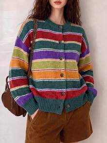 Women's Autumn/Winter Casual Colorful Thick Striped Knit Cardigan Jacket Fall - Multicolor - View 3