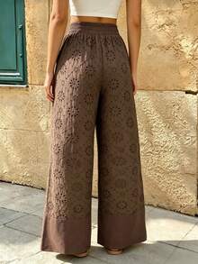 Women's Boho Brown Woven Fabric Straight Leg Pants With Embroidery Pockets Semi Sheer Non Stretch Home Vacation Spring Autumn Winter - Brown - View 4