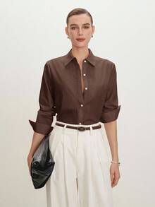ABizChic Camisa de mujer verde haba, primavera con solapa, apertura frontal,  en capas, elegante minimalista casual para ir al trabajo, citas, uso diario, la  vintage francés, frescosss Q3JP - Marrón 2 - Ver 1