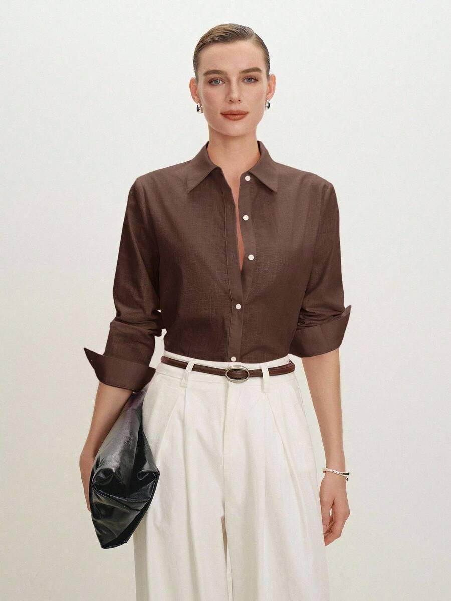 ABizChic Camisa de mujer verde haba, primavera con solapa, apertura frontal, en capas, elegante minimalista casual para ir al trabajo, citas, uso diario, la vintage francés, frescosss Q3JP - Marrón 2 - Ver 1