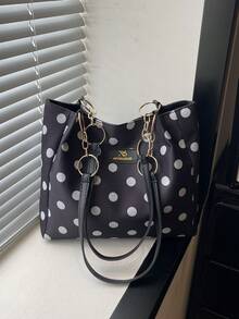 1 pieza Bolso de hombro de moda con patrón de lunares y contraste de color, de poliéster, gran capacidad y cierre de cremallera, adecuado para el uso diario de las mujeres - Blanco y Negro - Ver 1