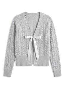 JustMiss Women's V-Neck Front Tie Bow Cable Knit Casual Cardigan Sweater, Autumn/Winter - Light Grey - View 6