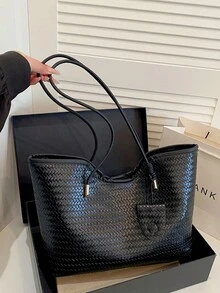 女款大容量高級手提包，時尚百搭休閒極簡通勤單肩托特包 - 黑色 - 查看 12