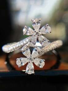 1pc Fashionable Luxury High-End Minimalist Versatile Open Ring With Artificial Zirconia Flower Design, Suitable For Women's Daily Wear - Silver - View 3