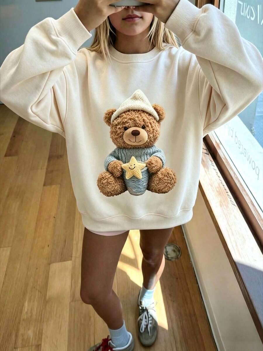 Tween Girl 1pc Printed Crew Neck Sweatshirt, Warm Autumn/Winter Long Sleeve Top For Young Students - Apricot - View 1