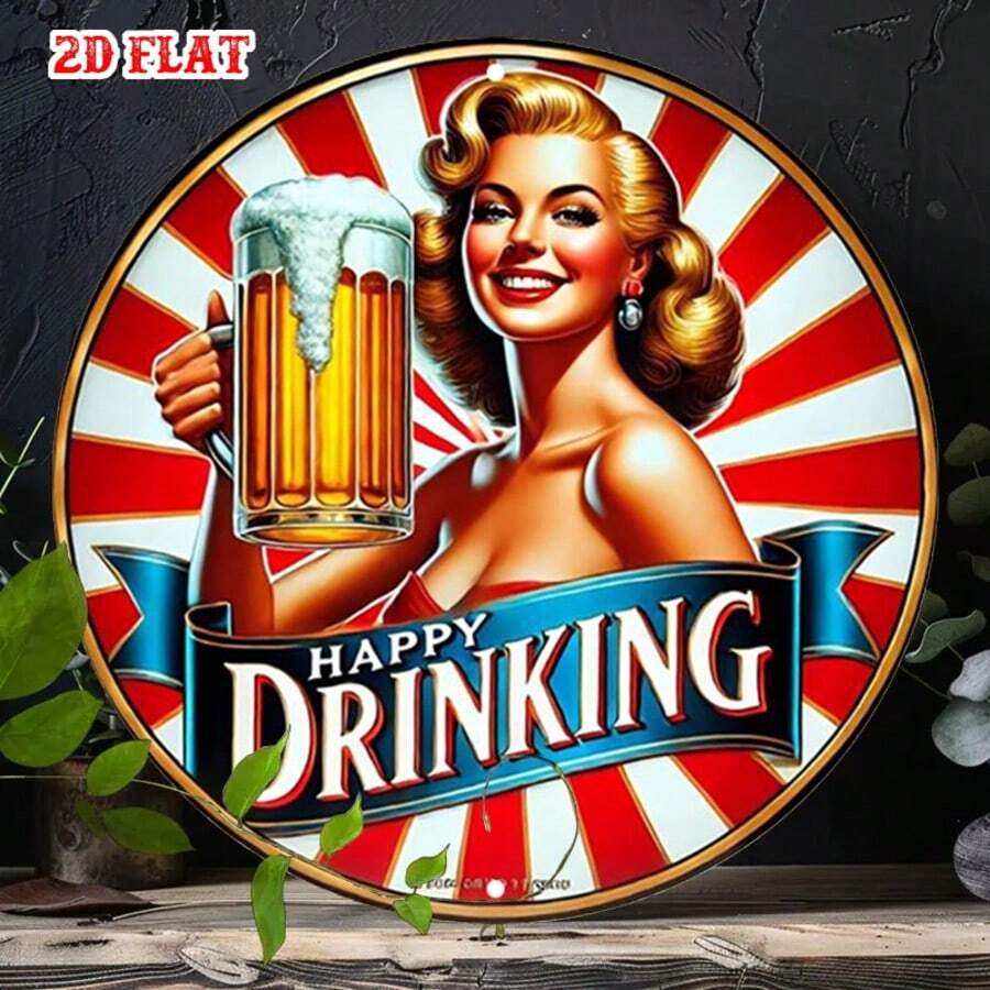 2D平面 1件裝復古風啤酒杯圓形鐵製裝飾牌 8英吋,女孩與「Happy Drinking」設計,鄉村風金屬裝飾,適用居家、車庫、咖啡廳、居家酒吧裝飾,預鑽孔,款式如尺寸表所示 - 多色 - 查看 1