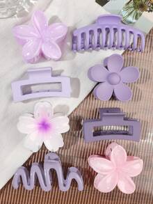 8入波希米亞風紫色花卉方形波浪骨質大理石紋扶桑花髮夾，海灘海濱茶會舞會休閒髮飾 - 紫色系 - 查看 3