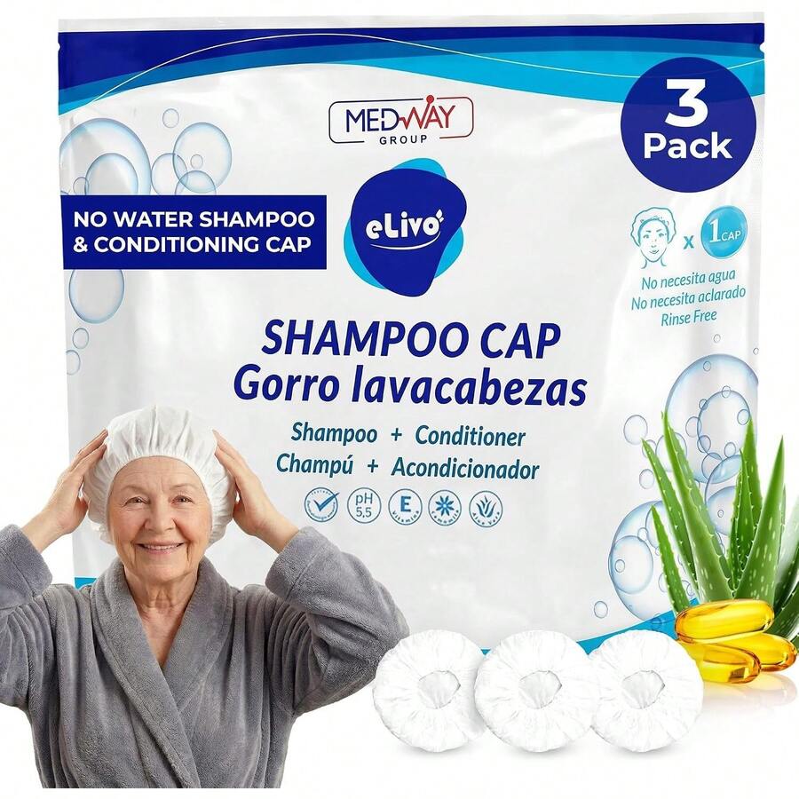 MedVance Gorro De Champú Sin Aclarado | Gorro De Ducha Que Lava Y Acondiciona | Gel De Ducha Sin Agua Hipoalergénico Con Ph Equilibrado | Paquete De 3 - Talla única - Ver 1