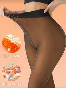 220g Warm Thickened High Waist Faux Transparent Tights, Fleece Lined Warm Leggings, Multiple Transparent Colors Available, Suitable For Different Skin Tones. 6 Sizes, Suitable For European And American Plus Size Tall People. - Mocha Brown - View 3