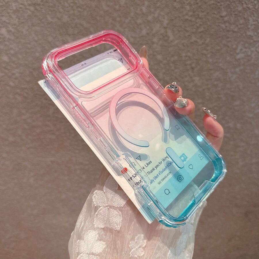 Casing Ponsel Magnetik Transparan Gradien Merah Muda & Hijau Kompatibel dengan Apple 17 Pro Max, Pelindung Anti Guncangan Kompatibel dengan Apple 16, Perlindungan Penuh, Desain Modular 3-in-1, Gaya Musim Panas yang Segar & Imut