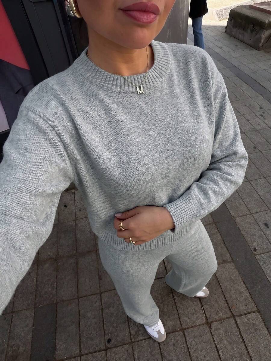 FOR BEAUTY Women's 2 Pieces Set Autumn/Winter Y2K Fashion Grey Round Neck Knit Top + Wide Leg Pants Loungewear Set Loose Sweater Airport Travel Outfit - White Ash - View 1