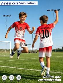 [Customized]Personalized Name Customization, Number Customization Star Style Jersey Red Boys Girls Casual Football Uniform Set -Round Neck-Short Sleeve And Shorts Sports Set - Red - View 6